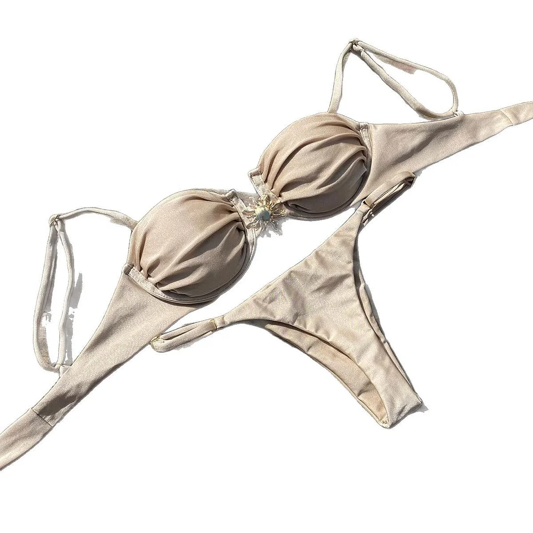 Uveng Three-Point Solid-Color Bikini Sexy Split Swimsuit Women With Adjustable Low-Waist Triangle Bikini