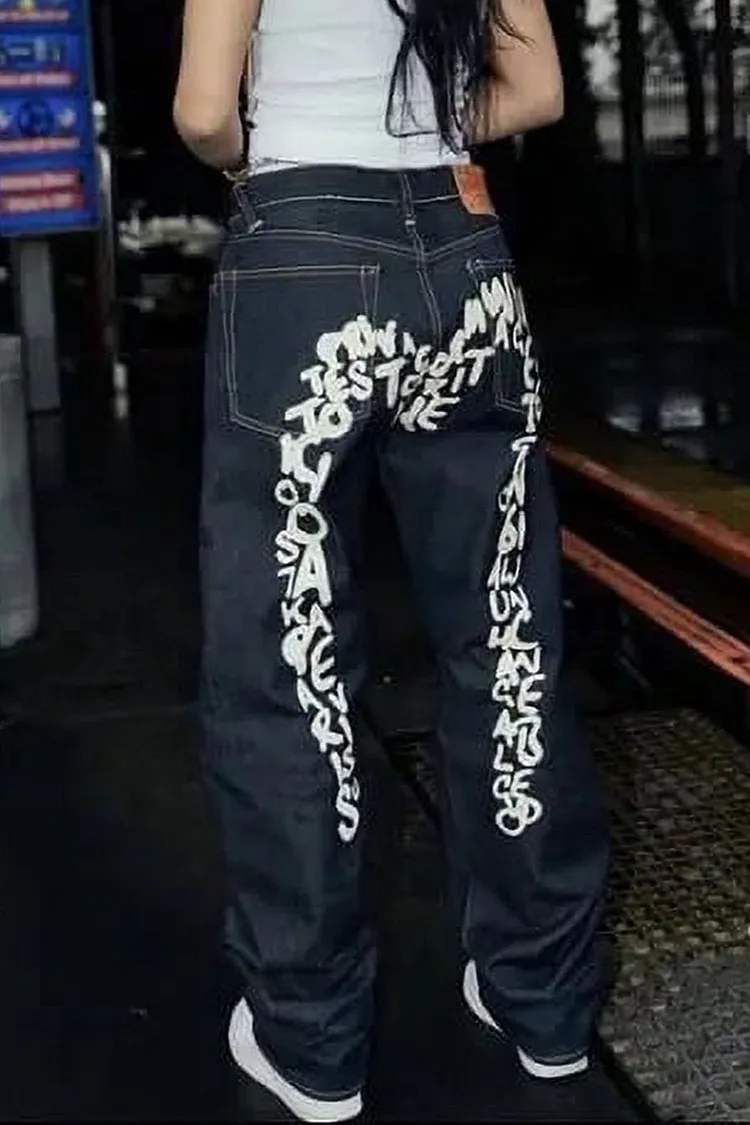 Vintage Letter Printed Loose Straight Leg Hip Hop Casual Jeans
