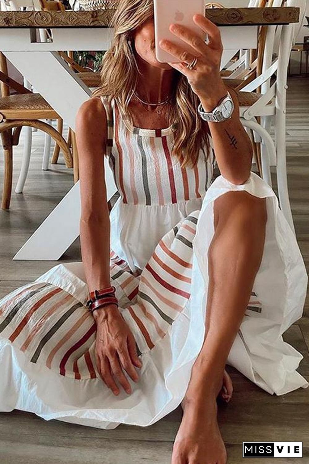 KarliDress Striped Contrast Color Sleeveless Dress P12814