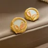 Delicate Tulip Opal White Shell Round Earrings