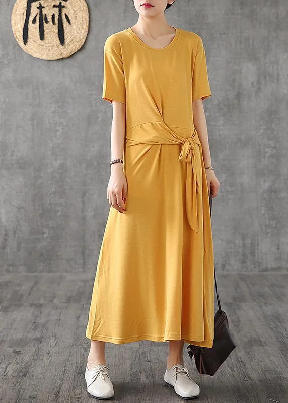 Bohemian o neck Bow cotton dress yellow Traveling Dresses summer