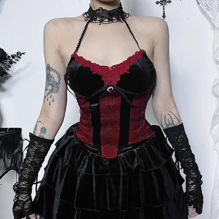 Gothic Sexy Corseted Color-block Lace Halter Crop Top 