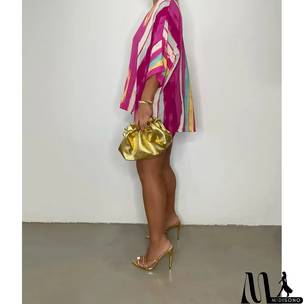 MidiSono - Women Sexy Short Front Back Long Casual Colorful Striped Loose Shirt