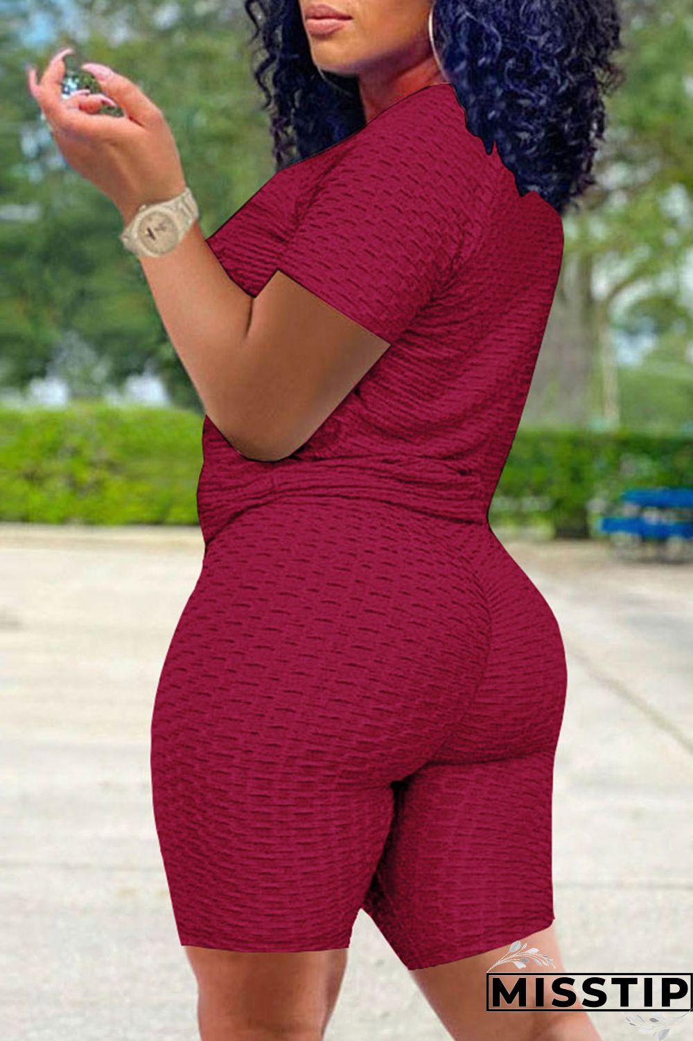 Fluorescent Red Fashion Casual Solid Basic O Neck Short Sleeve Two Pieces