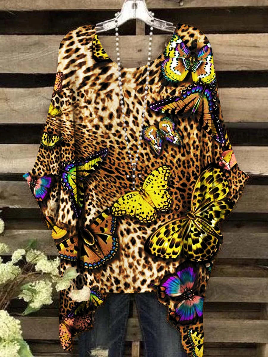 Women's Vintage Leopard Butterfly Pattern Round Neck Top