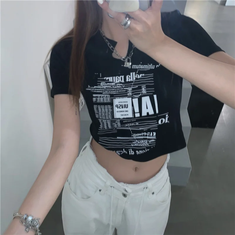 Brownm Brownm V-Neck Short-Sleeved T-Shirt Female 2024 Summer New Korean Version Slim Short Hot Girl Crop Student Top Ins