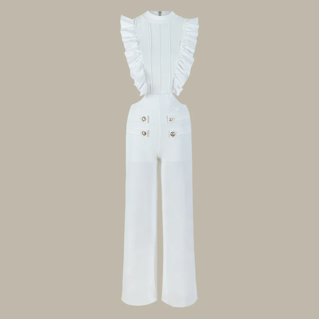 Uveng Solid Color Lotus Leaf Side Hollow Conjoint Set Of Beach Pants Women's Sense 2025 New Seaside Vacation