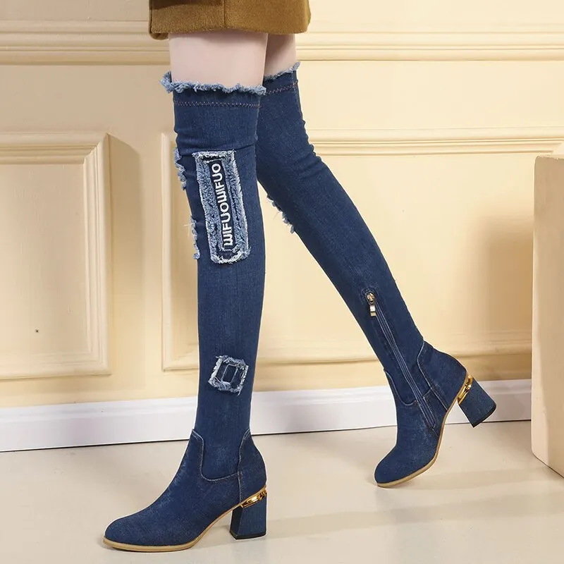 Lucyever Womens Denim Boots Over The Knee Pointed Toe Thick High Heels Shoes Woman Casual Tassel Cut Out Jeans Long Botas Mujer