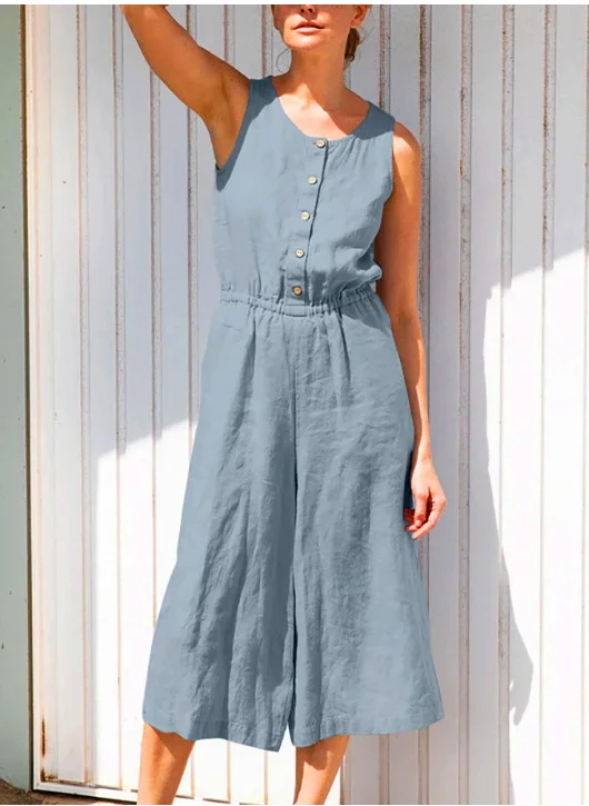 Plus Size Casual Grey Cotton And Linen Sleeveless Solid Color Button Jumpsuit  Flycurvy [product_label]