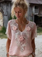 Vintage Boho Pink Roses Embroidered Cozy Linen Shirt