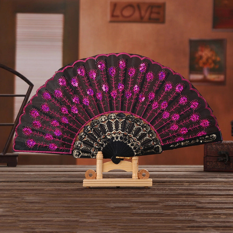 Black Rod Sequin Fan Embroidery Fan Dancing Folding Fan Peacock Fan Gift Folding Fan Fan Wing Chun Fan