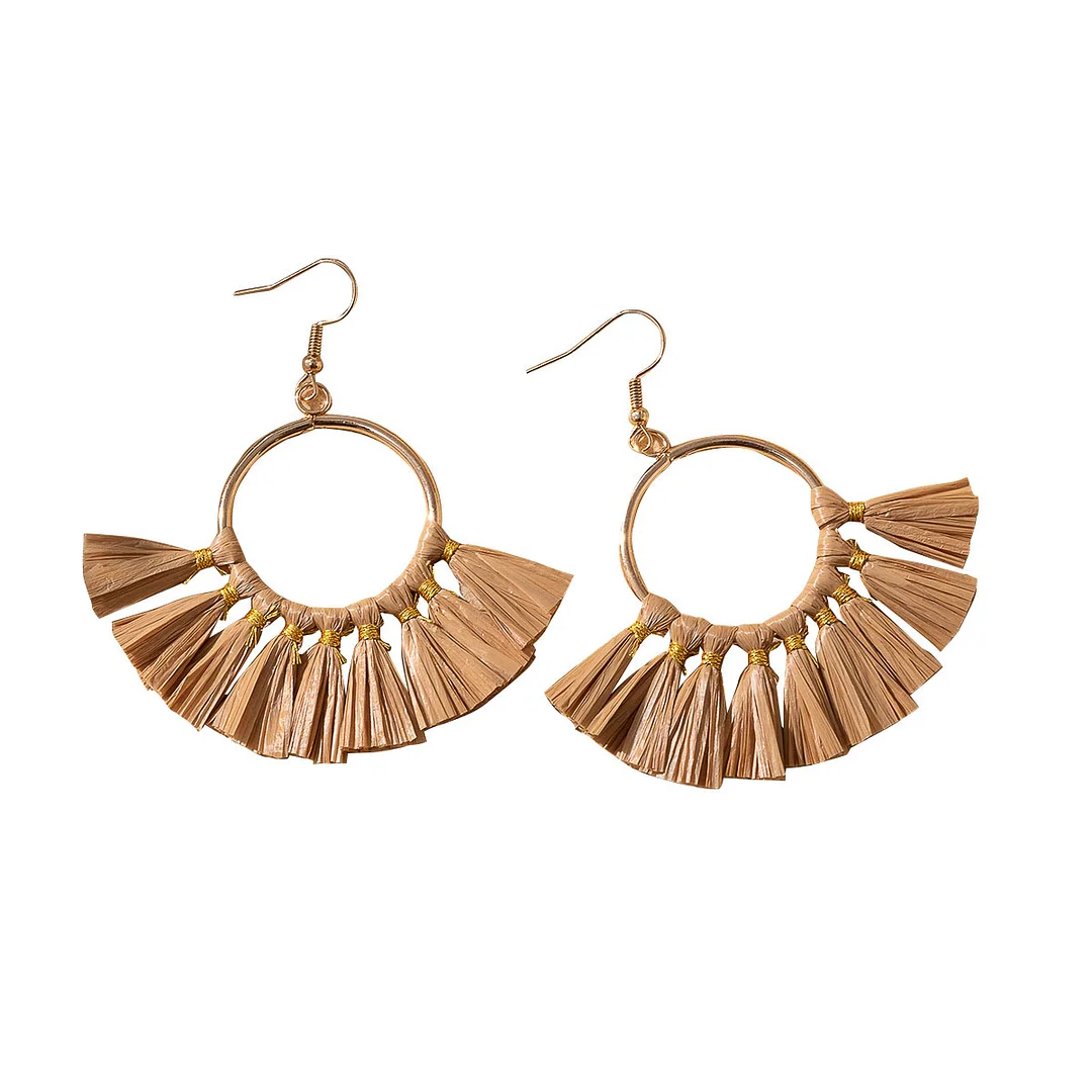 Women's Holiday Bohemian Style Raffia Braided Tassel Earrings
