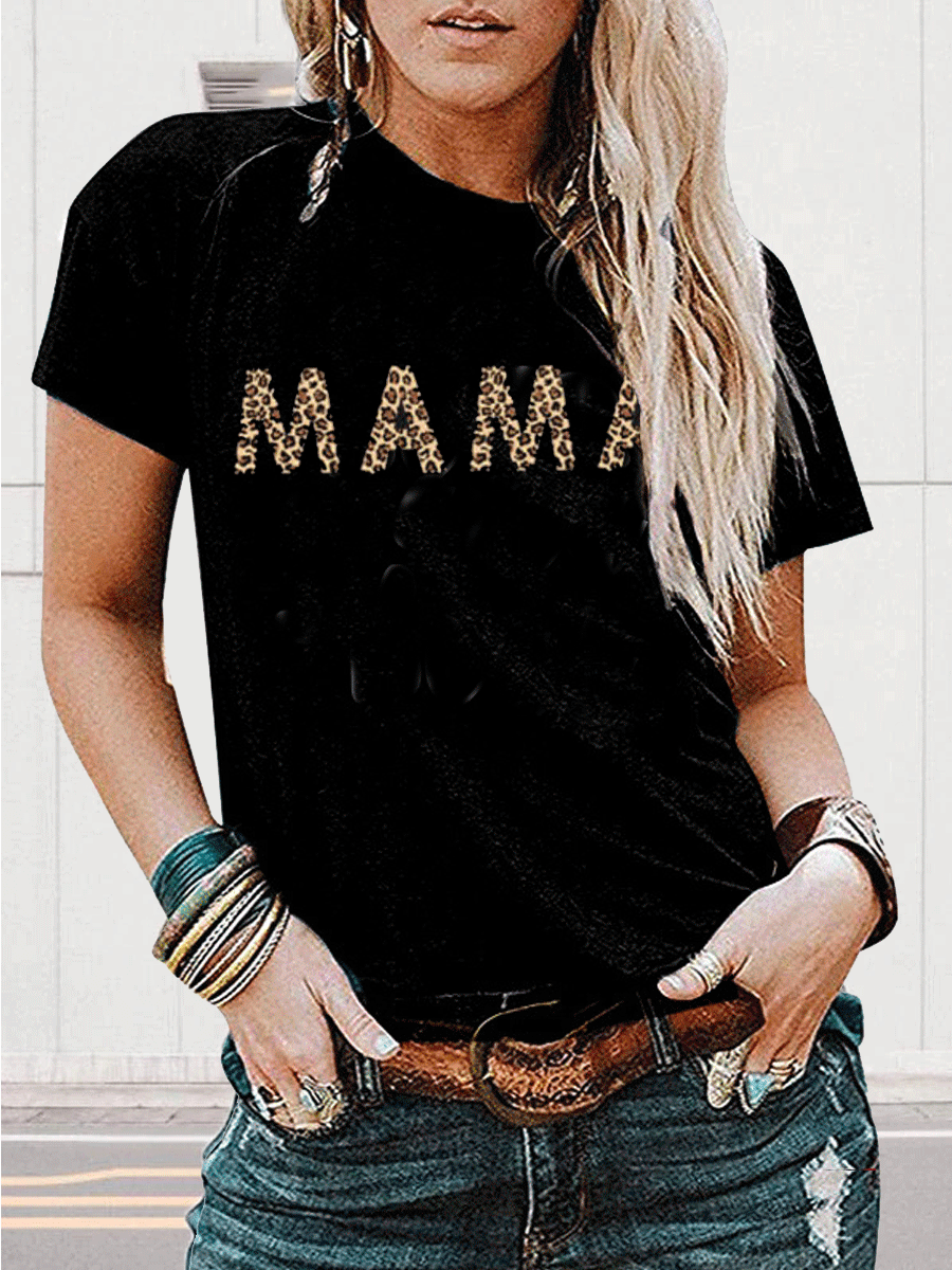 MAMA Leopard Print Crew Neck T-shirt