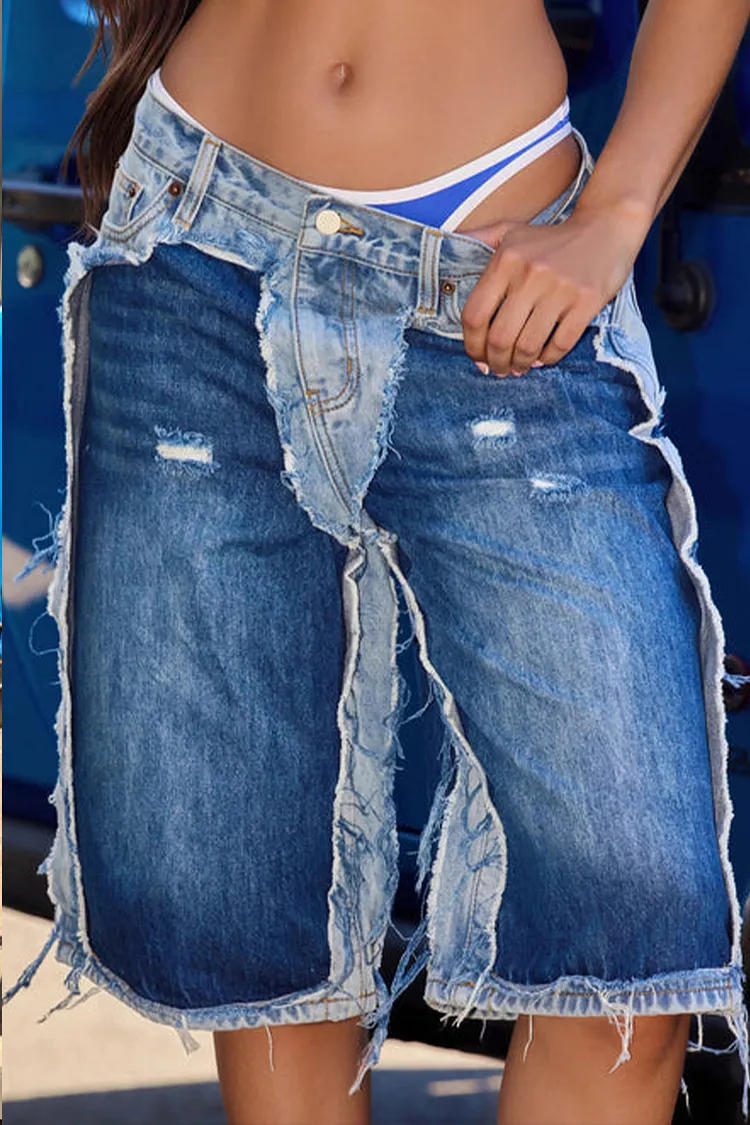 Women Fringed Patchwork Casual Denim Five Quarter Pants