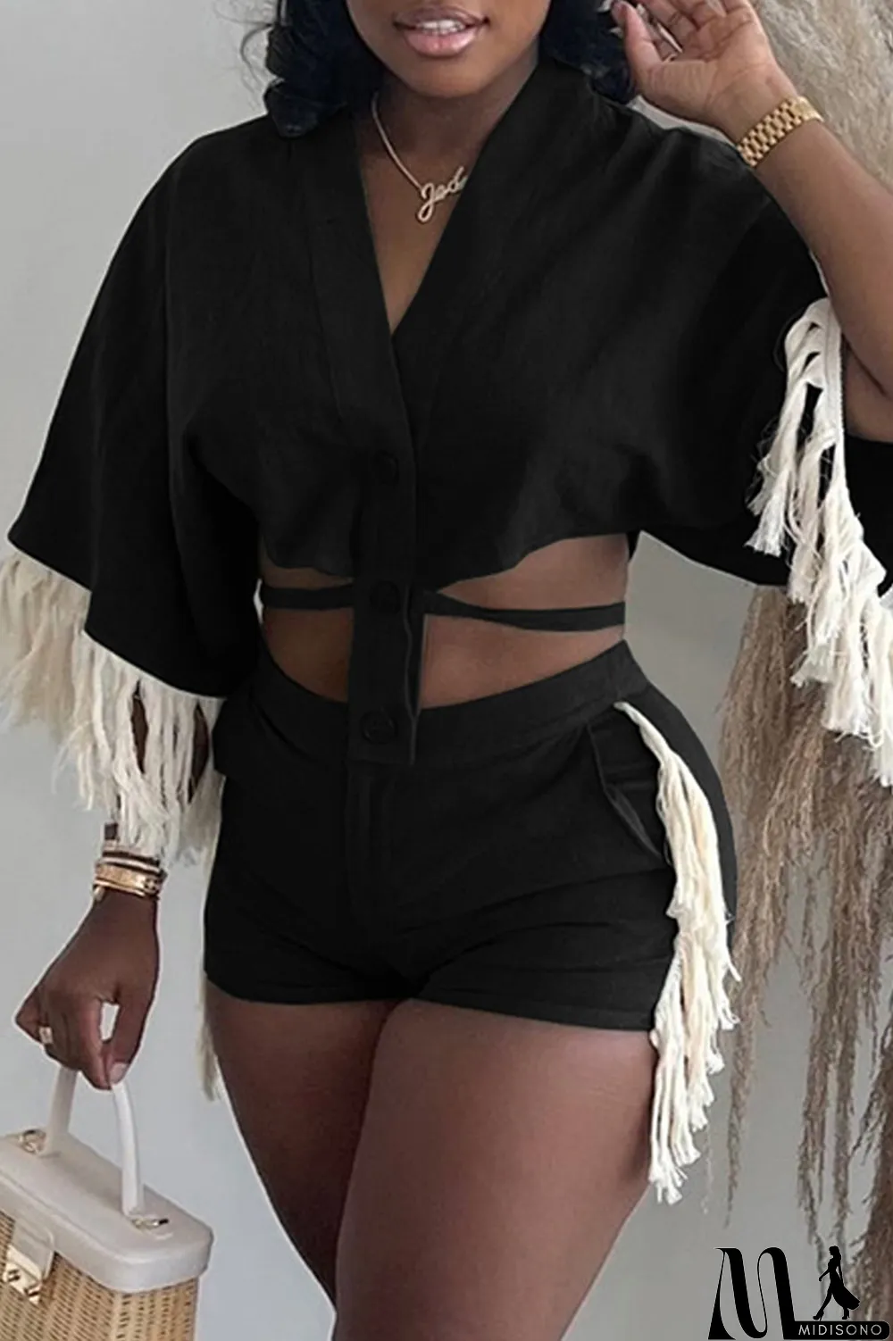 MidiSono - Orange Fashion Casual Solid Tassel Split Joint Frenulum V Neck Half Sleeve Two Pieces