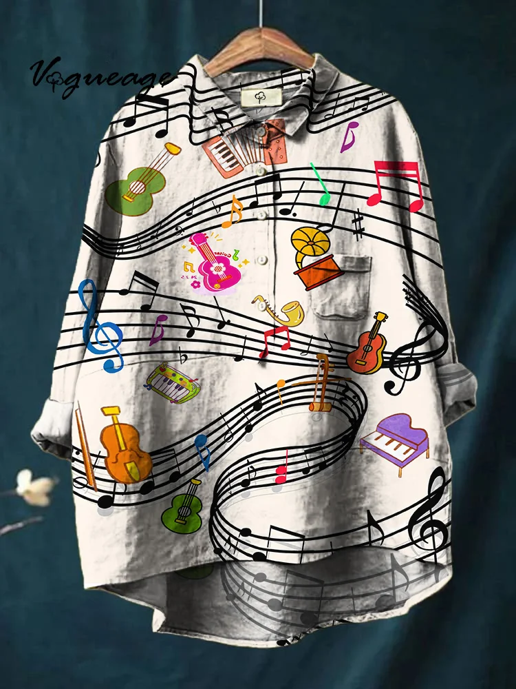 Simple And Stylish Musical Instruments And Staves Printed Cotton And Linen Shirt