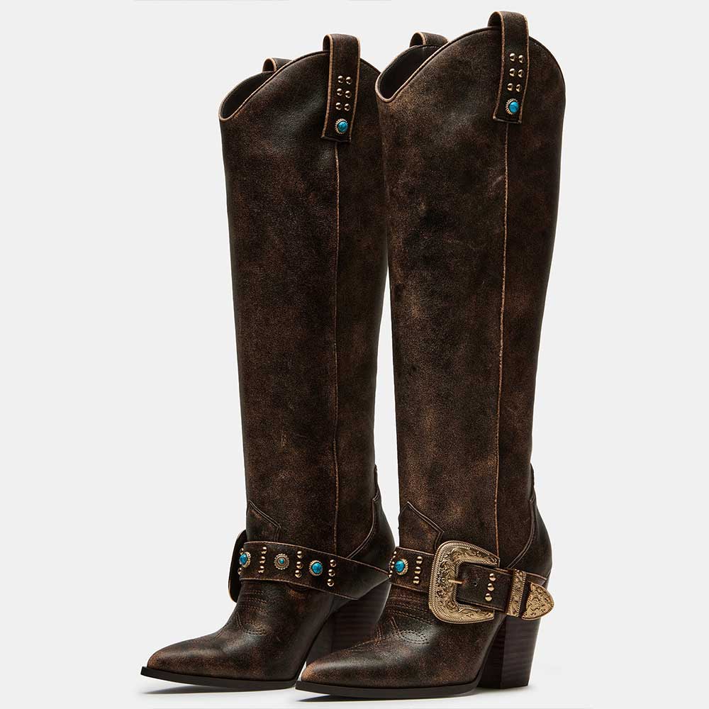 Distressed Dark Brown Buckle Chunky Heel Knee Cowgirl Boots with Stud