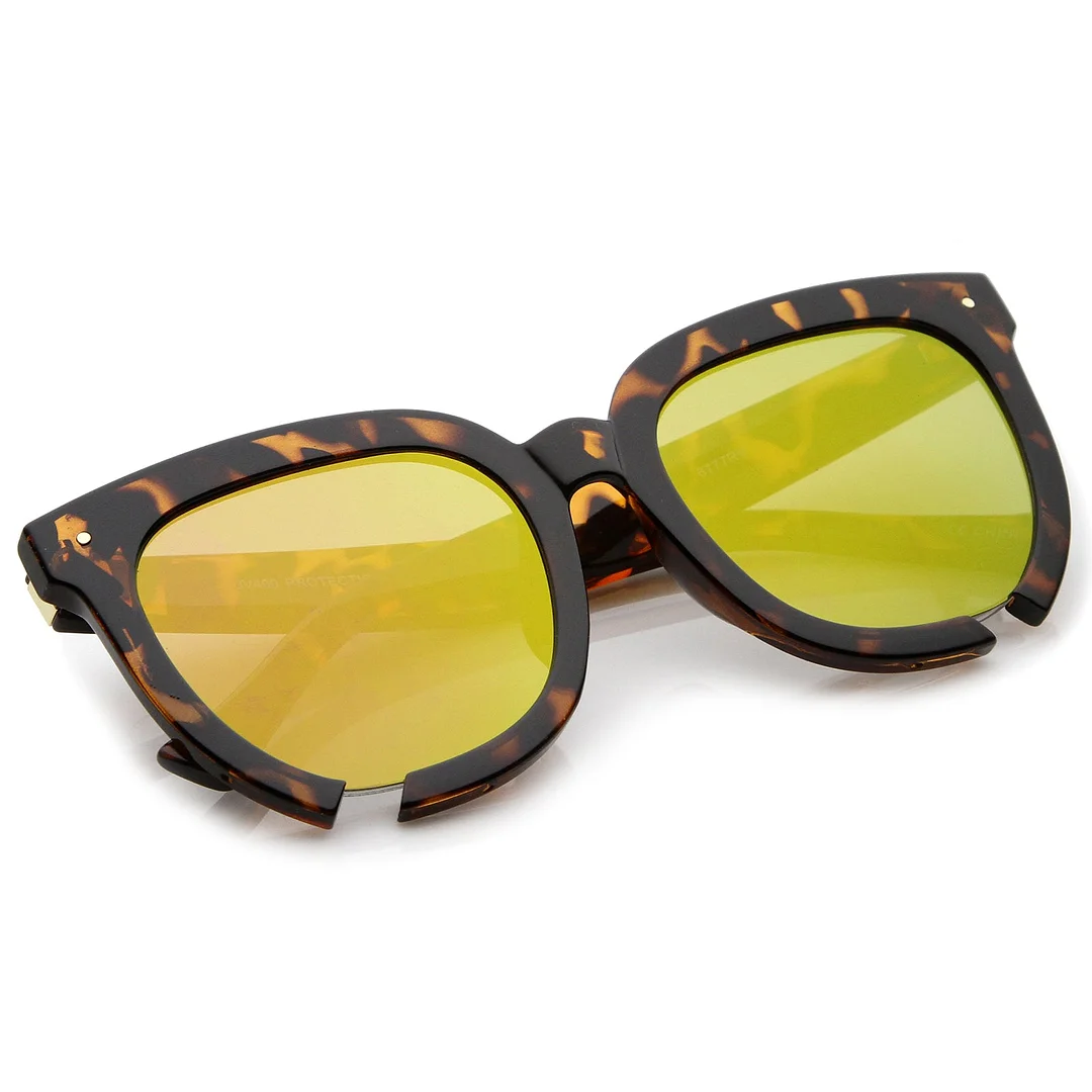 Oversize Notch Detail Square Colored Mirror Flat Lens Horn Rimmed glasses 54mm