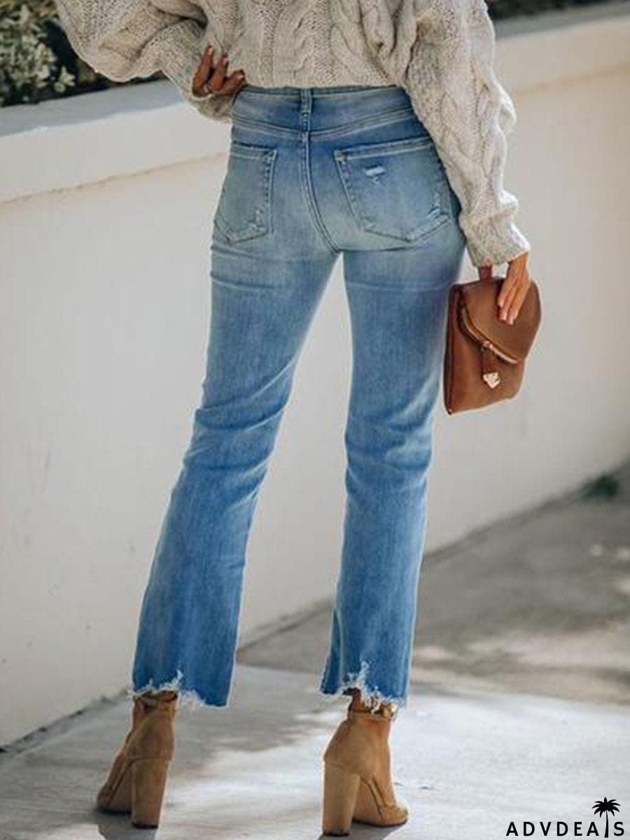 Distressed Ripped Straight-Leg Cropped Jeans