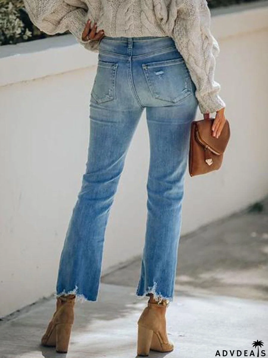 Distressed Ripped Straight-Leg Cropped Jeans