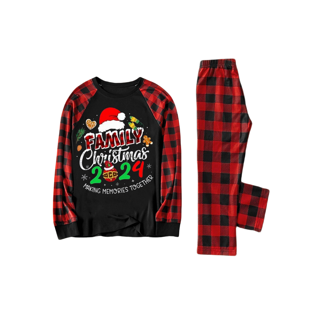 Santa Hat and "2024 Family Christmas" Text Print Black & Red Plaid Christmas Matching Pajamas