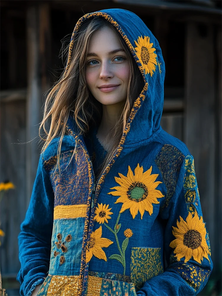 VChics Ukraine Ethnic Sunflowers Embroidered Patchwork Full Zip Hoodie