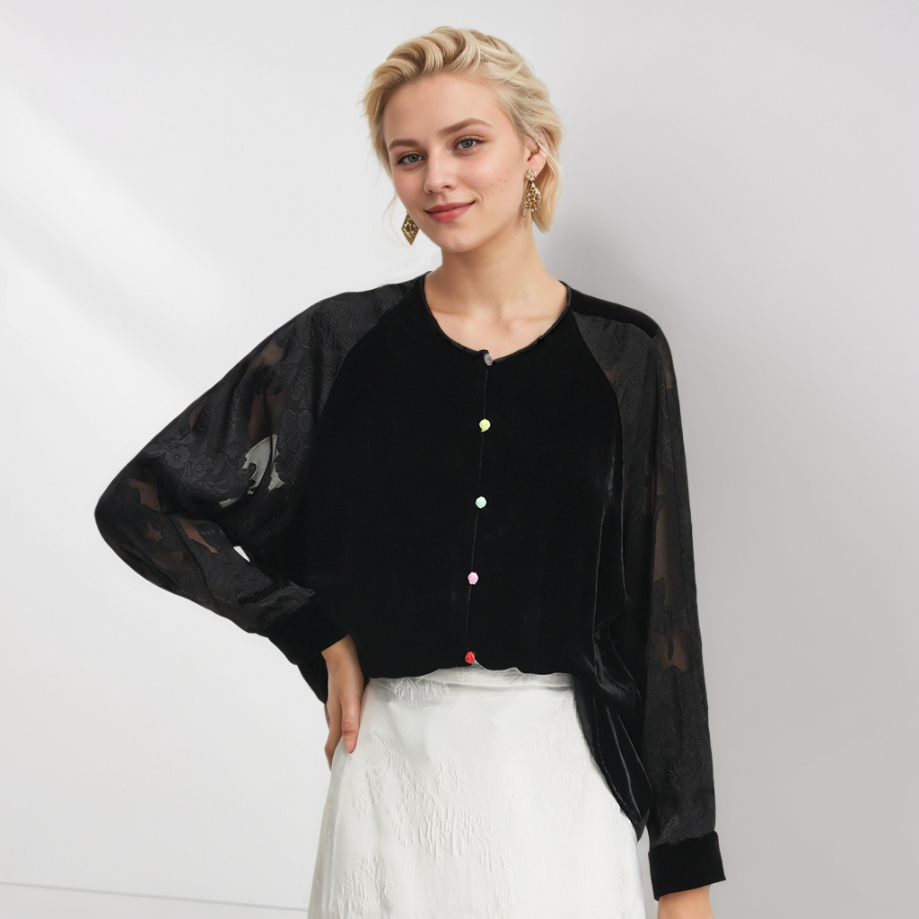 Silk Velvet Black Lantern Sleeves Shirt REAL SILK LIFE