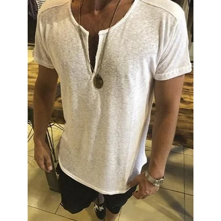 Casual V Neck Solid Short Sleeve  Men's T-Shirts at Hiphopee