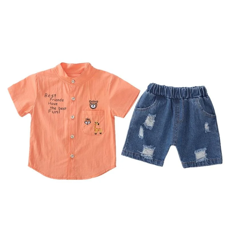 Toddler Summer Short Outfits Fashion Boys Girls Clothing 1 2 3 4 5 Years Kids Shirt + Denim Hole Shorts Baby Daily Clothes