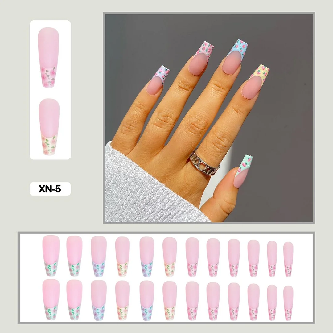 24pcs/box Press On False Nails Long Trapezoid Daisy Broken Flowers Wearable Fakse Nails With Glue and Wearing Tools As Gift-Nail Inspo