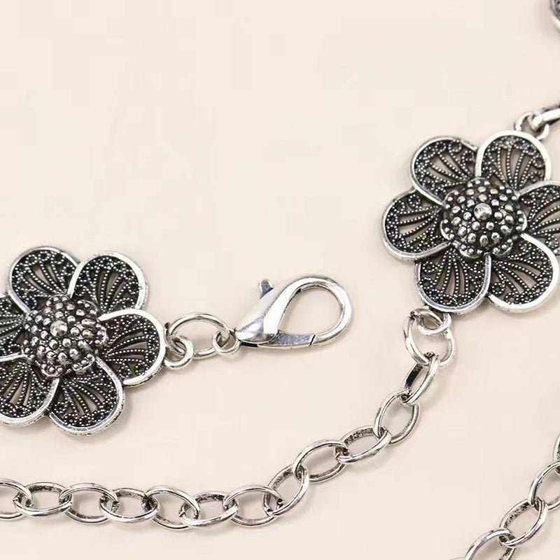 Retro New Fashion Elegant Antique Silver Carved Petal Waist Chain Ladies Retro Metal