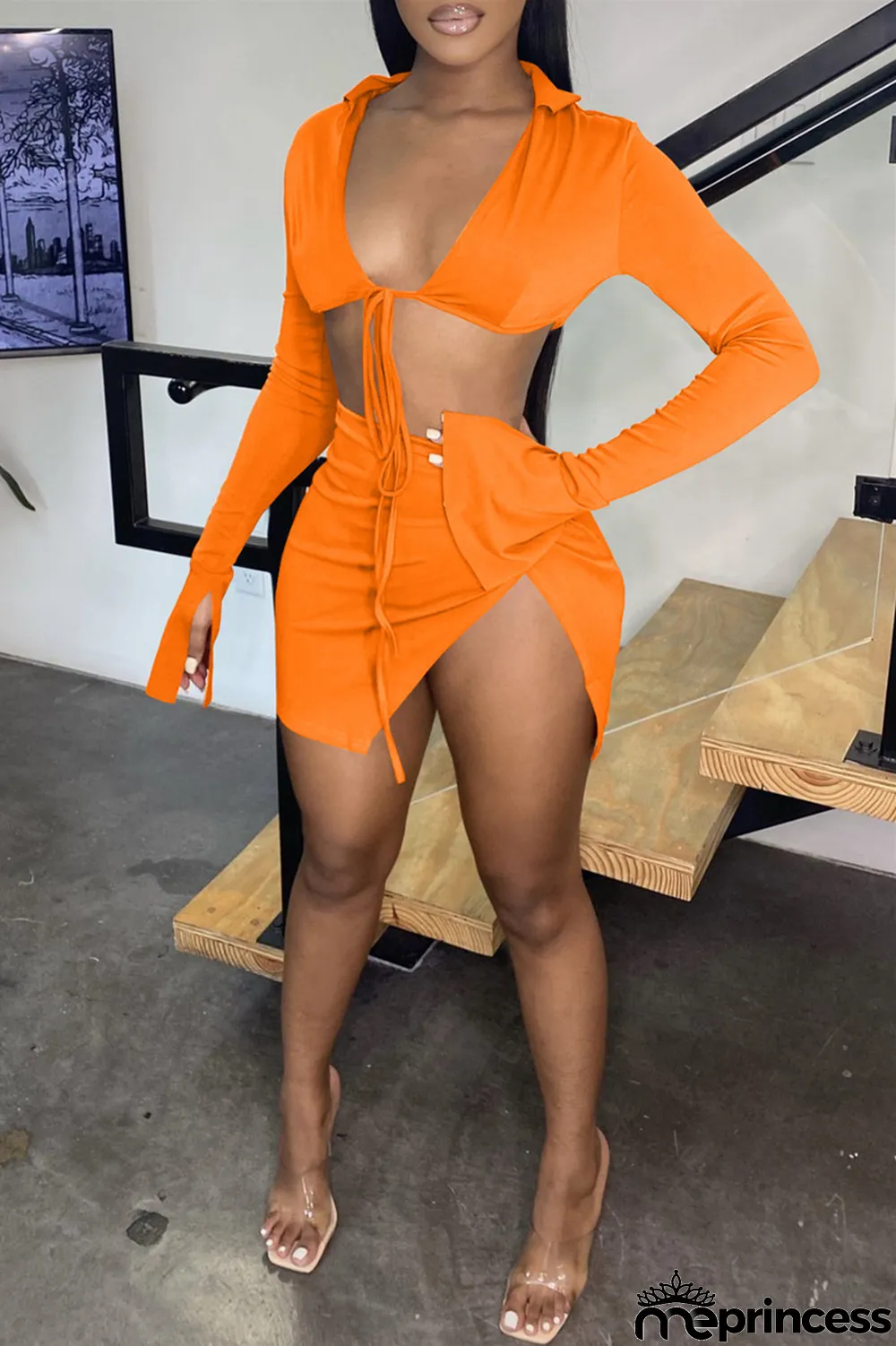 Black Sexy Casual Solid Bandage Slit V Neck Long Sleeve Two Pieces