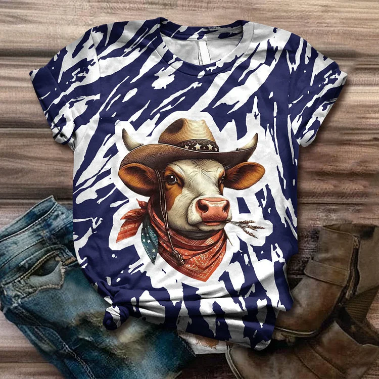 Women's Western Cow Print Casual Short Sleeve T-shirt
