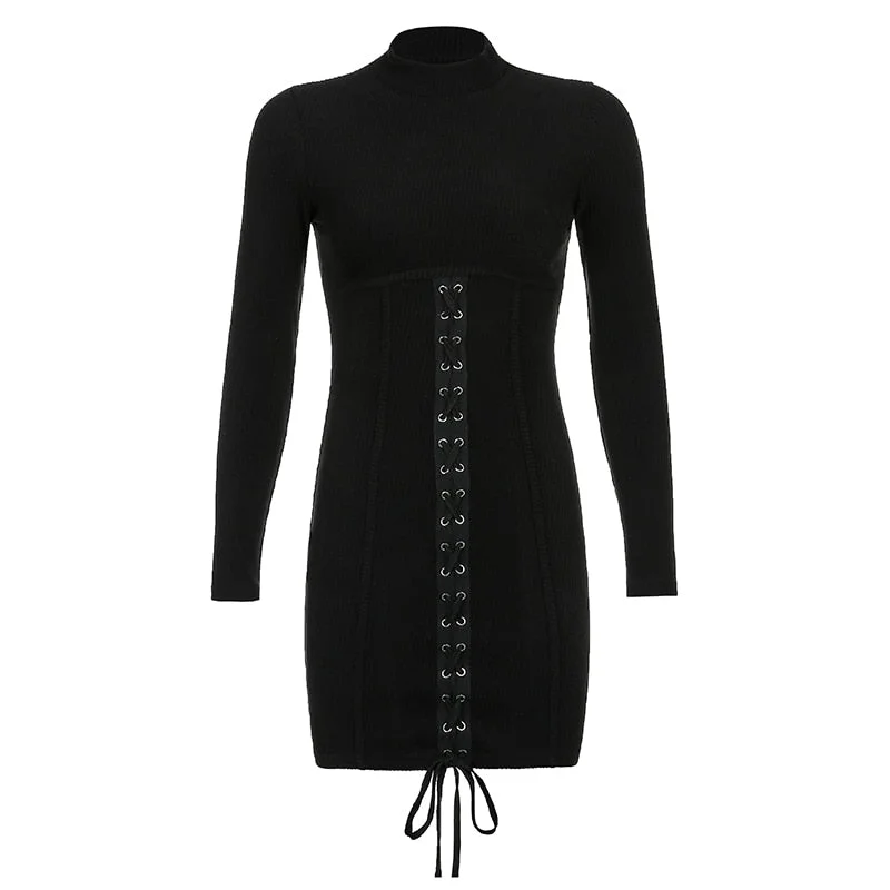 HEYounGIRL Tie Up Bandage Black Bodycon Dress Autumn Basic Long Sleeve Knitted Mini Dresses Ladies Skinny Casual Winter Fashion