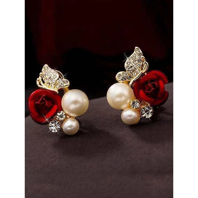 Luxury Gold Plated Red Rose Stud Earrings Rhinestones Butterfly Pearl Earrings for Womens