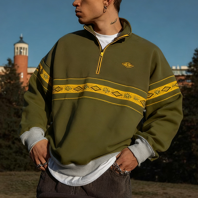  Olive Green Half-Zip Pullover with Tribal Stripes for Men