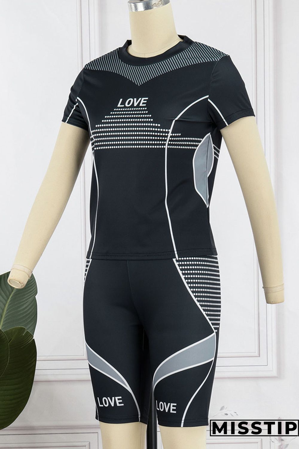 Black Casual Sportswear Print Patchwork O Neck Short Sleeve Two Pieces