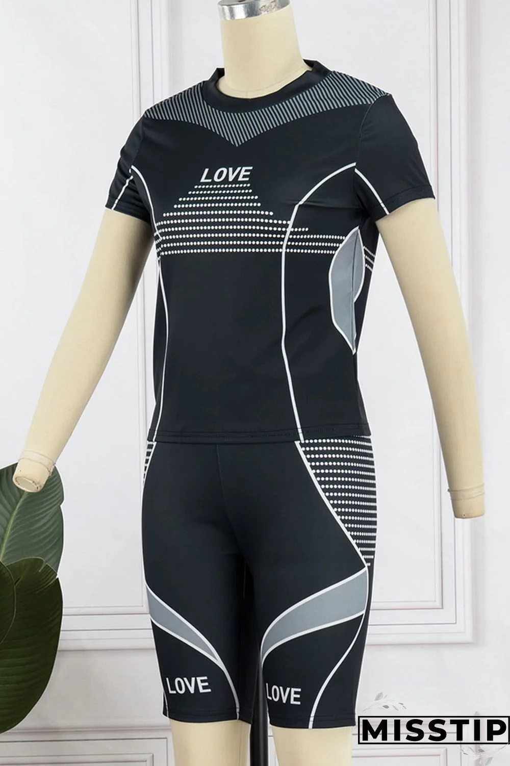 Black Casual Sportswear Print Patchwork O Neck Short Sleeve Two Pieces