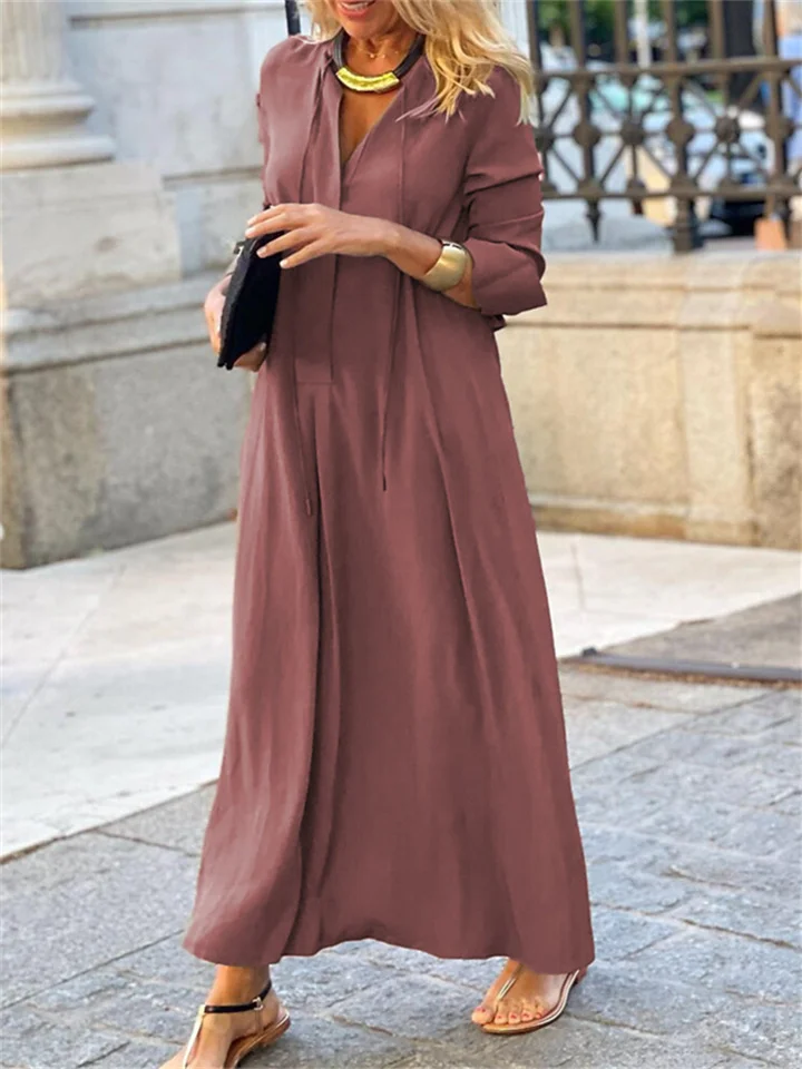 Solid Color V-neck Long Sleeve Simple Casual Dress | 168DEAL