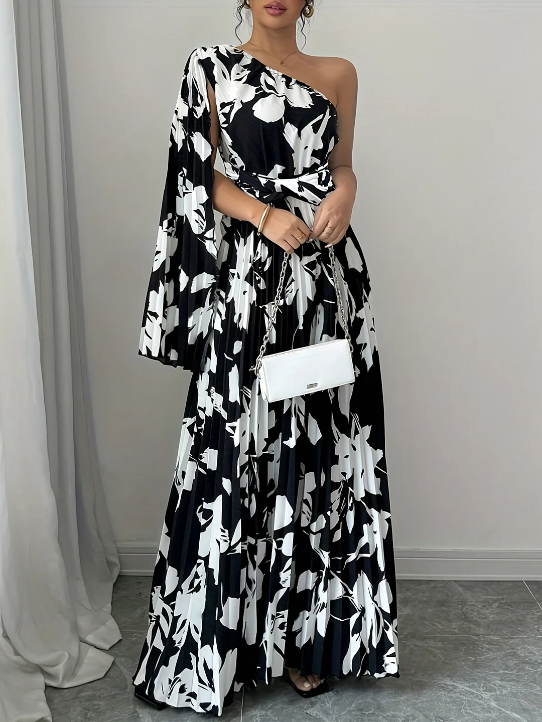 Elegant Black & White Pleated Midi Dress For Women - Asymmetrical Neckline, Floral Print, Long Sleeve, High-Low Hem, Perfect For Spring/Summer Commute Or Casual Outings, Cute Dress | IFYHOME