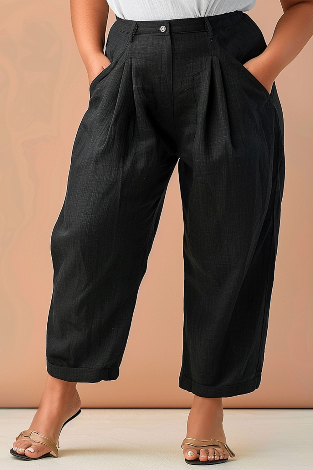 Flycurvy Plus Size Casual Black Linen Solid High Waist Pockets Cropped Pants 2024 - Flycurvy 