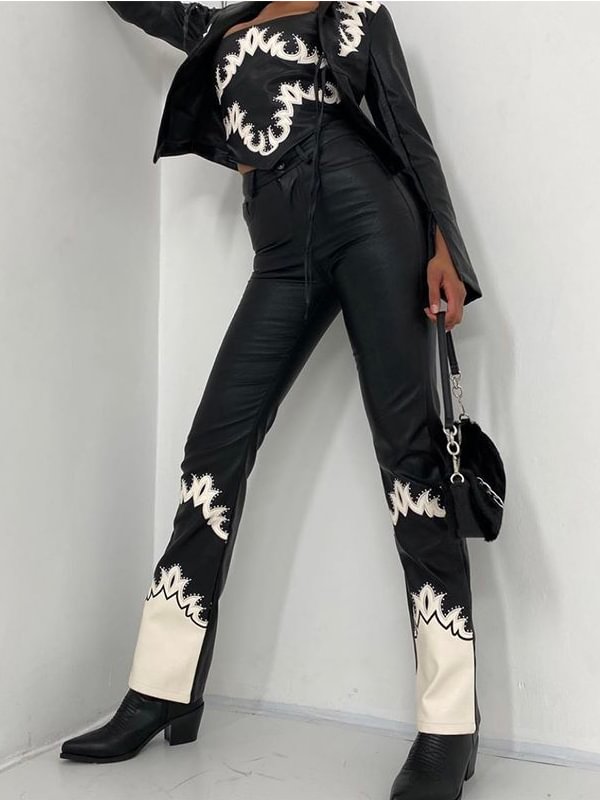 Statement Punk Style Vintage Color Block Embroidered Straight PU Pants