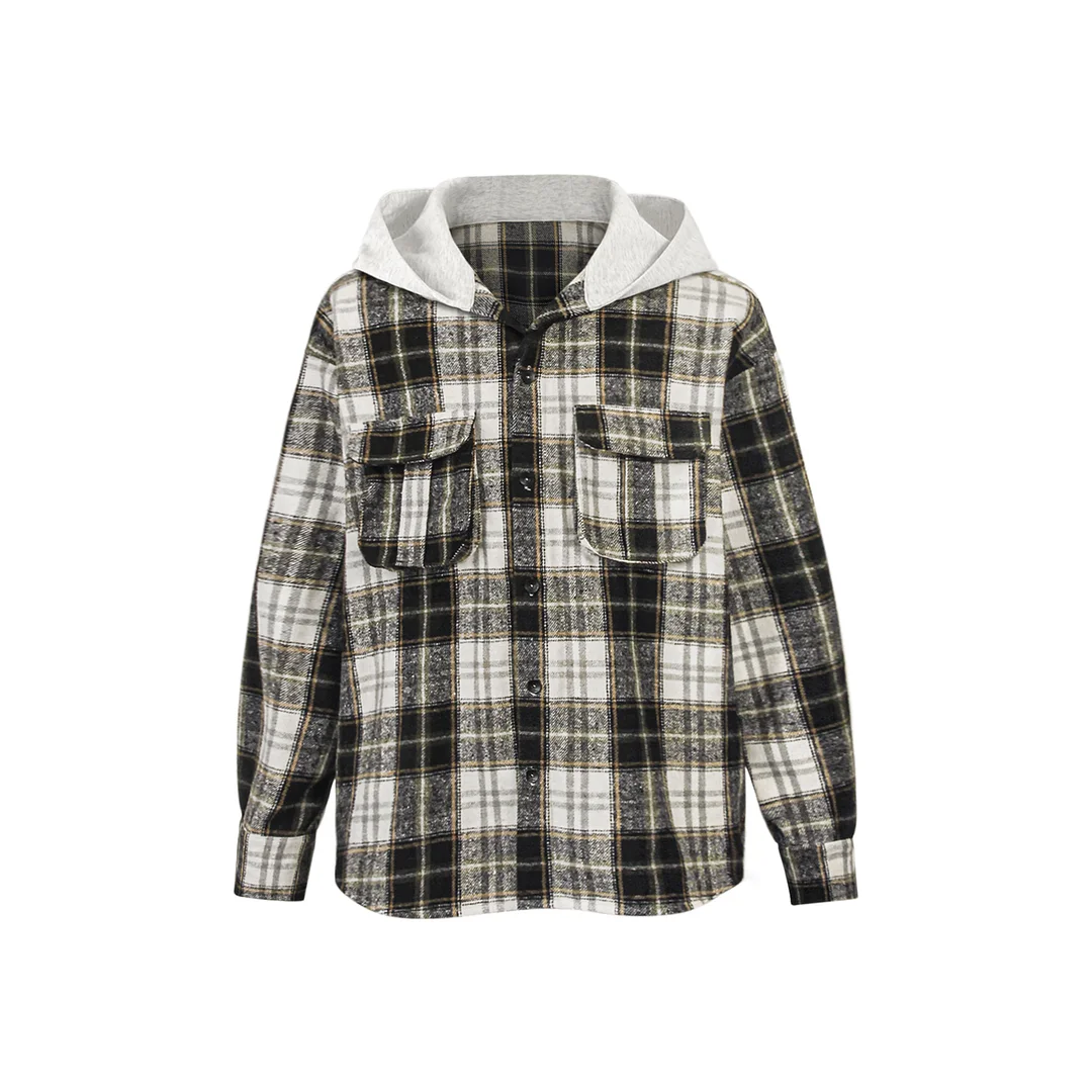 Men's American Plaid Pocket Long Sleeve Hooded Shirt