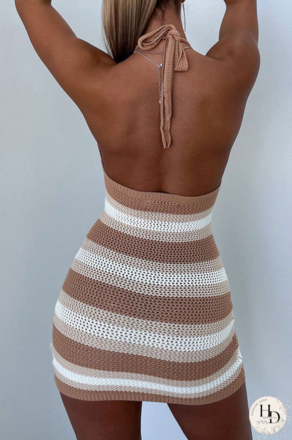 Blue Sexy Print Patchwork Backless Halter Pencil Skirt Dresses