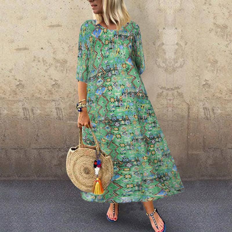 Boho Casual 3/4 Sleeve Vintage Print Party Maxi Dress