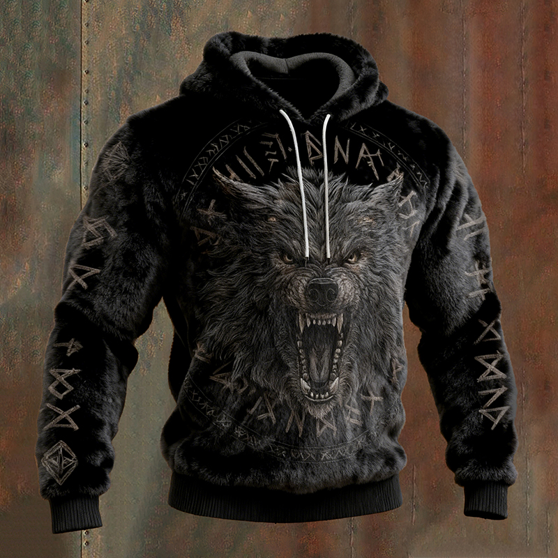 Men's Viking Vegvisir Wolf Runes Art Cozy Flannel Hoodie elevenforest