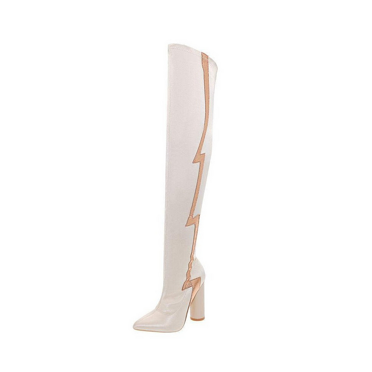 Beige Lightning Stripe Pointed Toe Chunky Heel Over-The-Knee Boots |FSJ Shoes