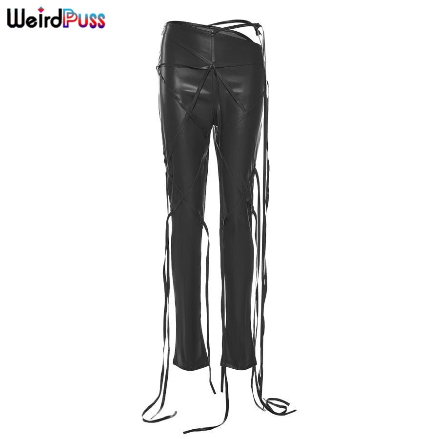 Weird Puss Women Faux Leather Pants Skinny Sling High Waist Pencil Pants Asymmetry Solid Chic Tight Trouser Fall 2021 Clothing