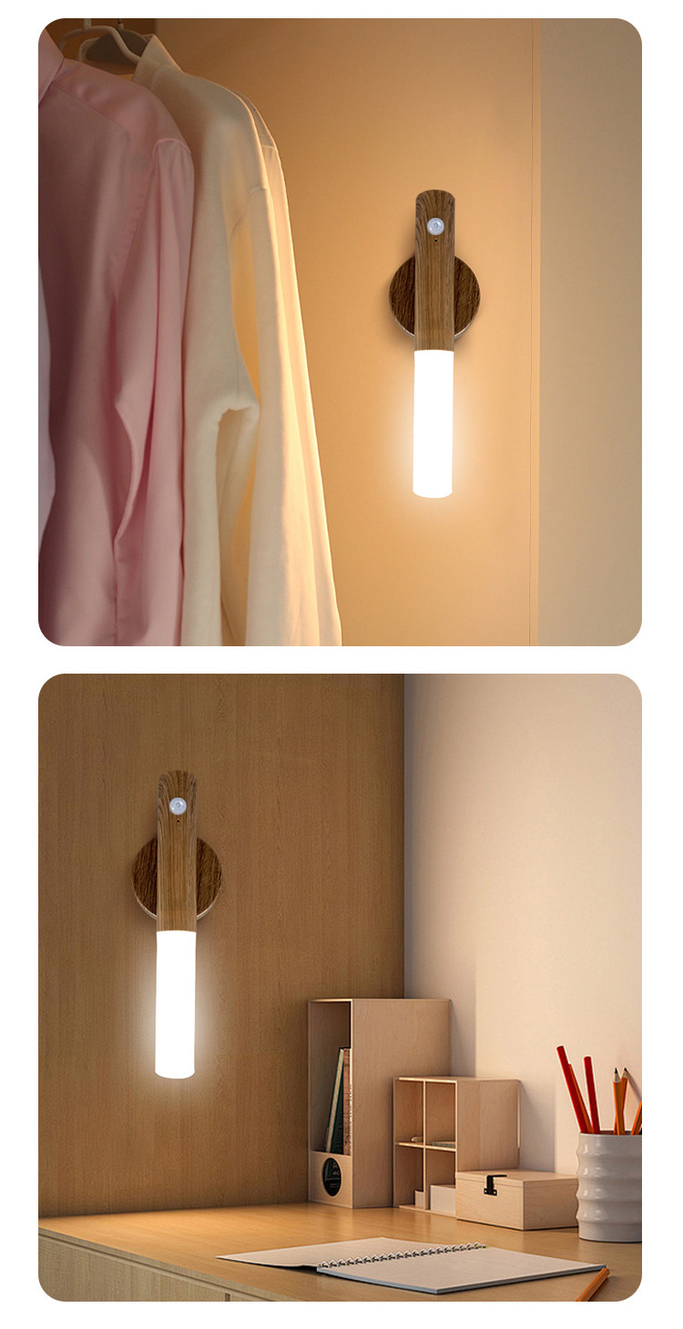 Tegooe Modern Wooden Motion Sensor Wall Sconce LED Night Light - USB Rechargeable Wireless Smart Induction Lamp for Bedside