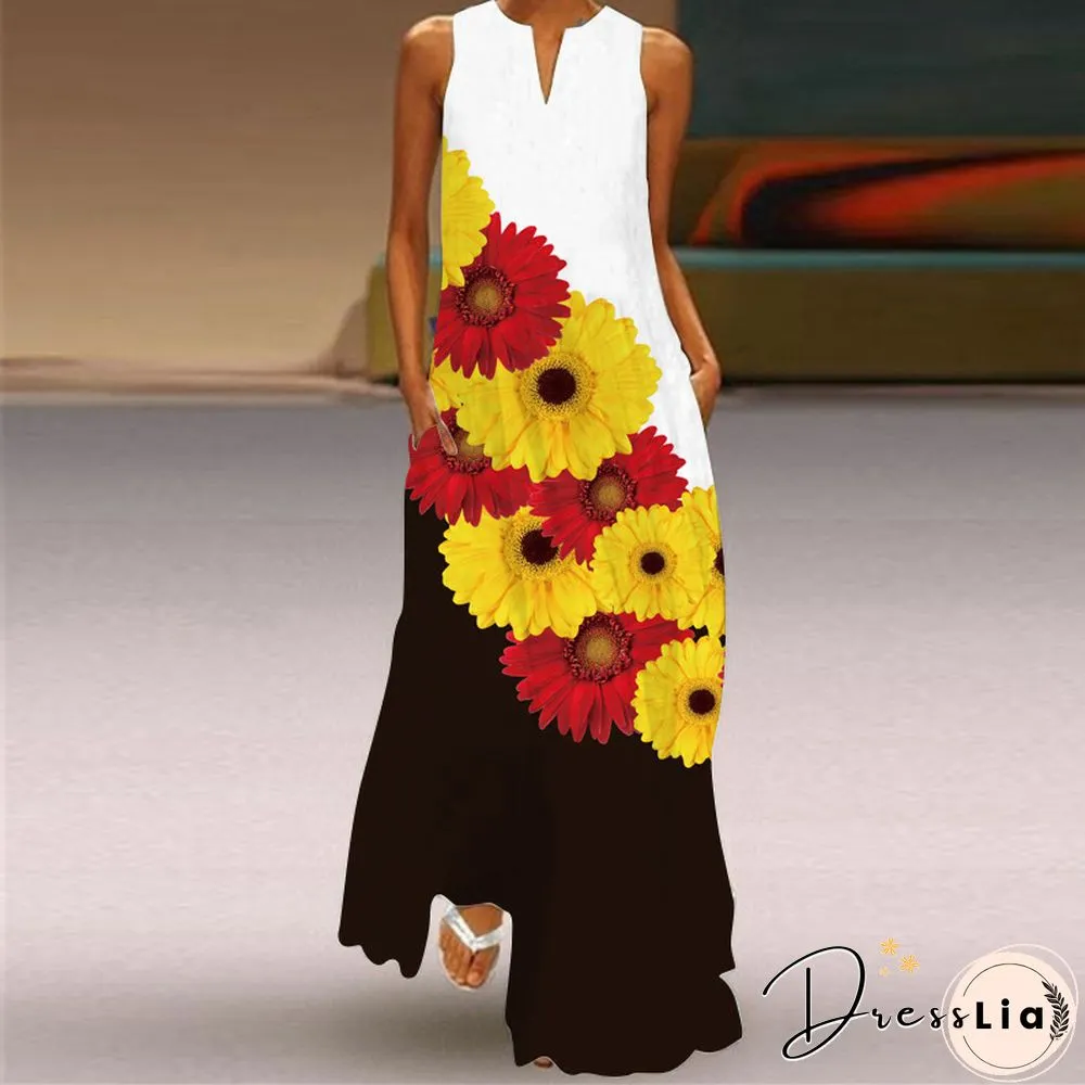 New Fashion Print Summer Dress Casual Sexy Boho Beach Women Party V-neck Sleeveless Pocket